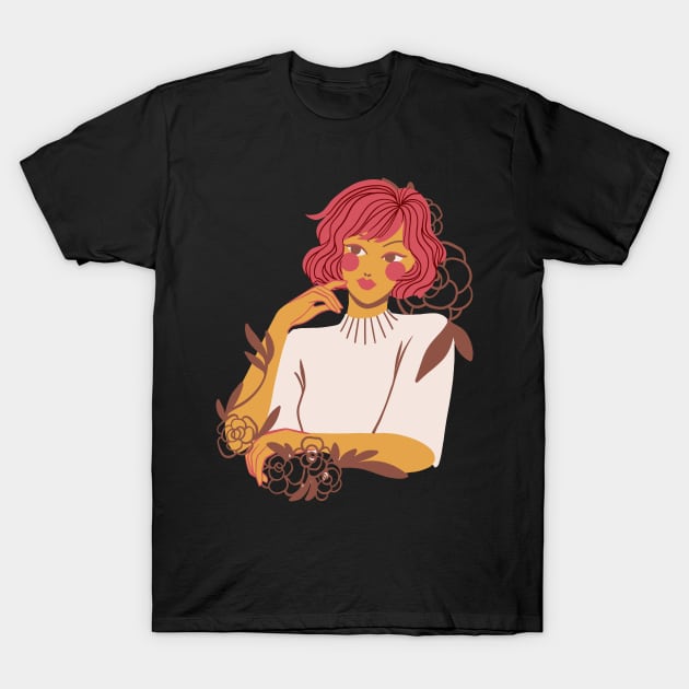 Wild Girl Floral Woman With Flowers Redhead T-Shirt by olivetees